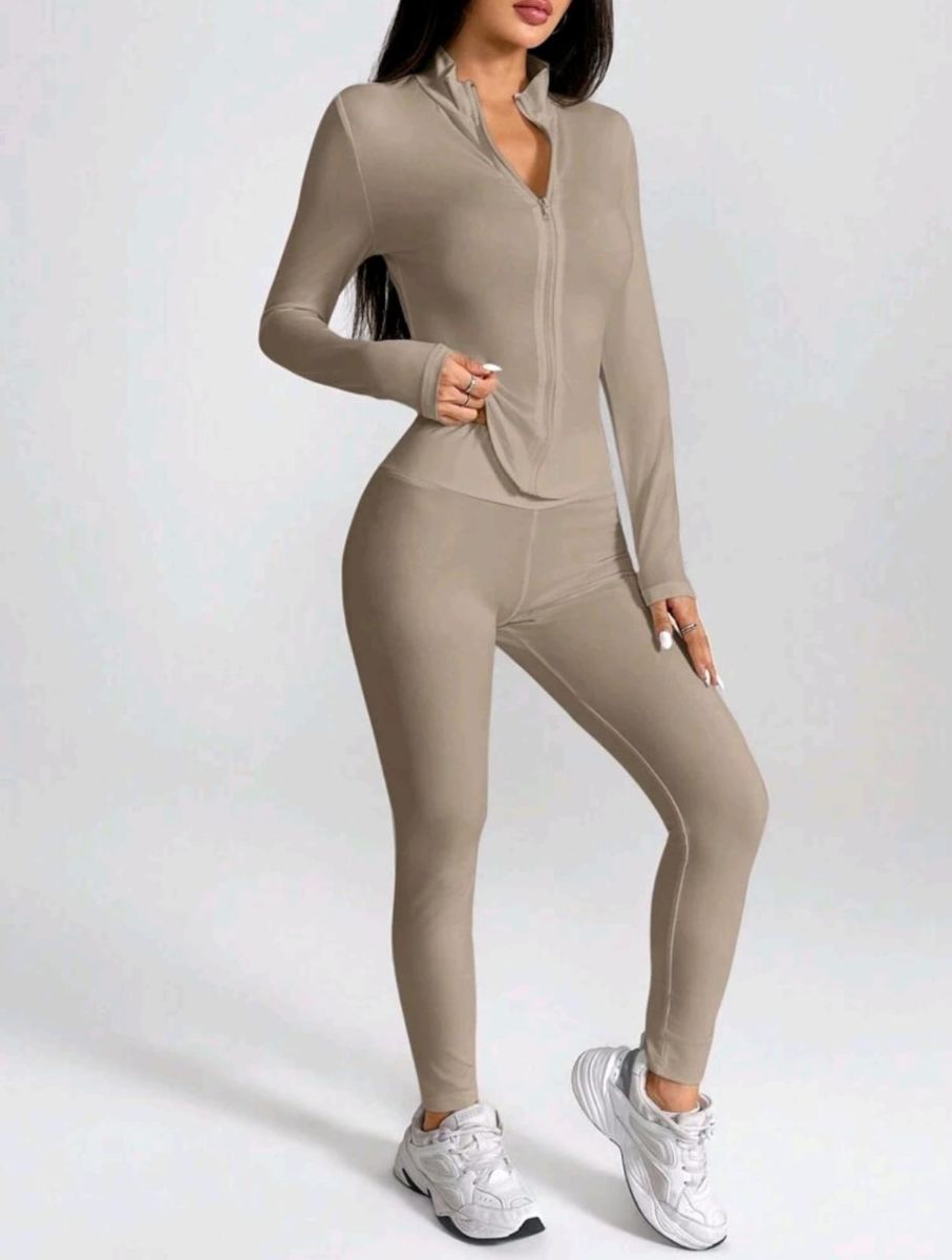 Conjunto de dos piezas de ropa deportiva con chaqueta con cremallera & leggings, para mujeres de talla pequeña