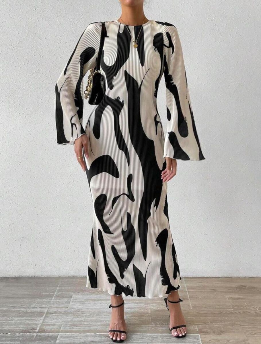 Vestido largo de manga abullonada acuchillada con estampado geométrico plisado para mujer