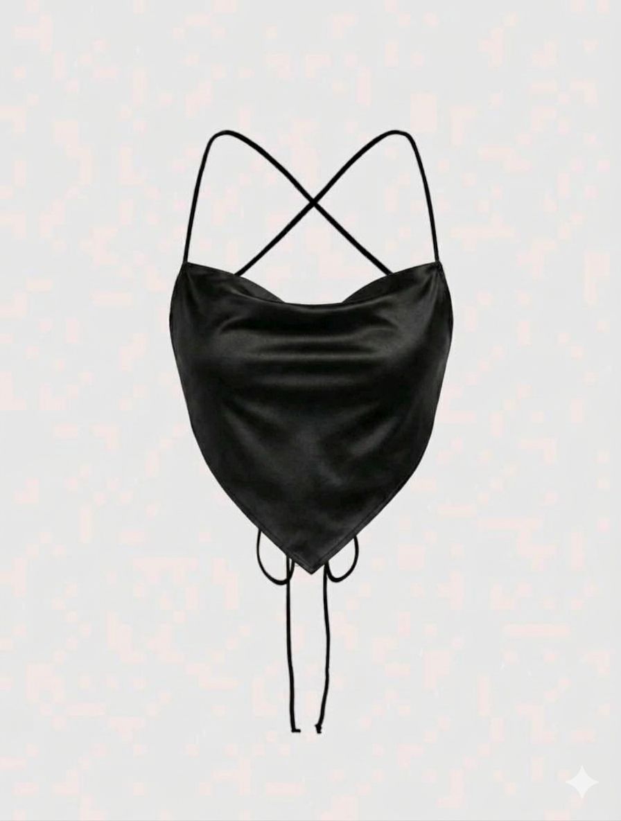 Crop top tipo pañuelo en color negro de satén