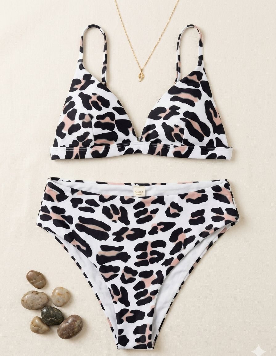  Traje de baño de dos piezas con estampado de leopardo con toques rosa pastel, un top triangular con tirantes delgados fijos y una braguita de tiro alto