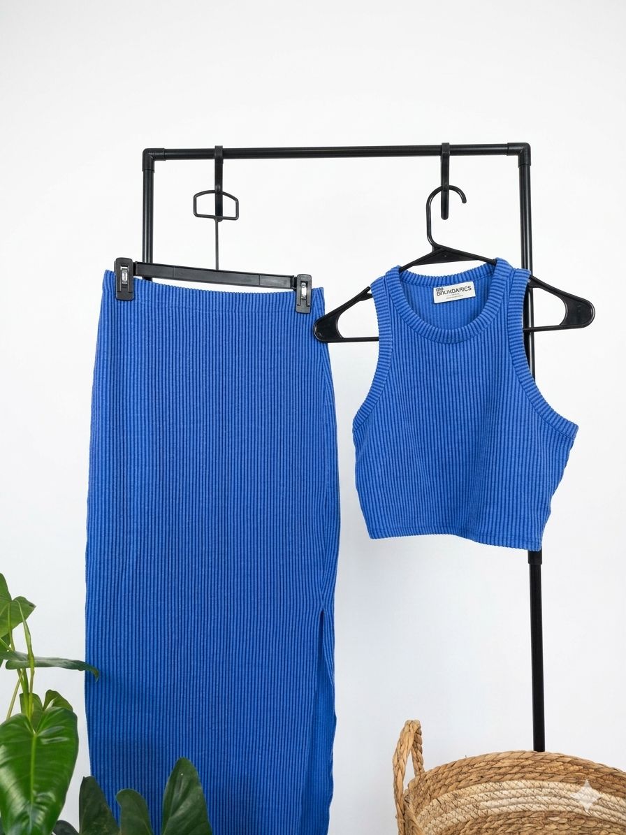 Conjunto rib de top corto y falda larga – azul eléctrico