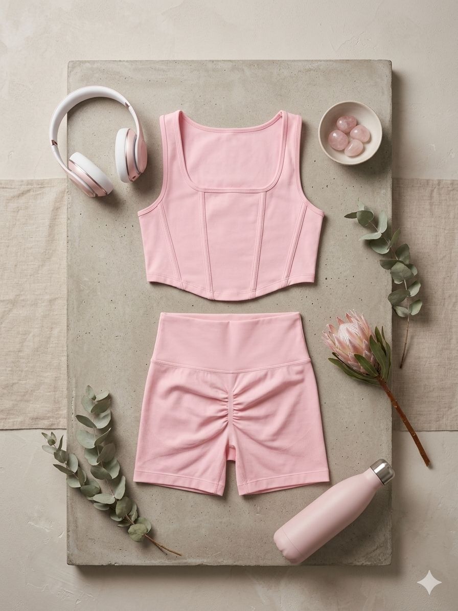 Conjunto Deportivo Seamless Pink Blossom – Top Estilo Corsé y Shorts Efecto Push-Up