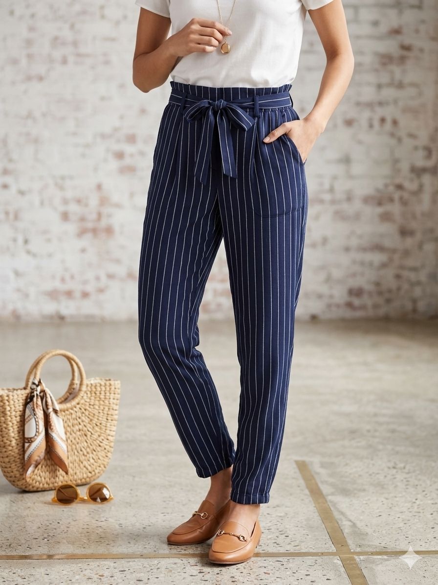 Pantalón de Raya con Cintura Paperbag en Azul Marino