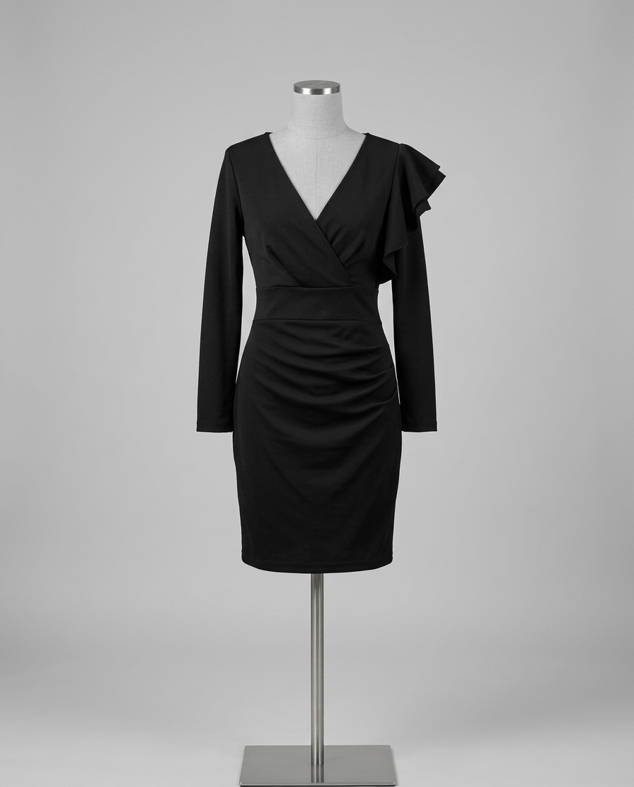Vestido largo en color negro con corte cruzado con escote en V, mangas largas y detalle de olán asimétrico en uno de sus hombros, con una falda drapeada