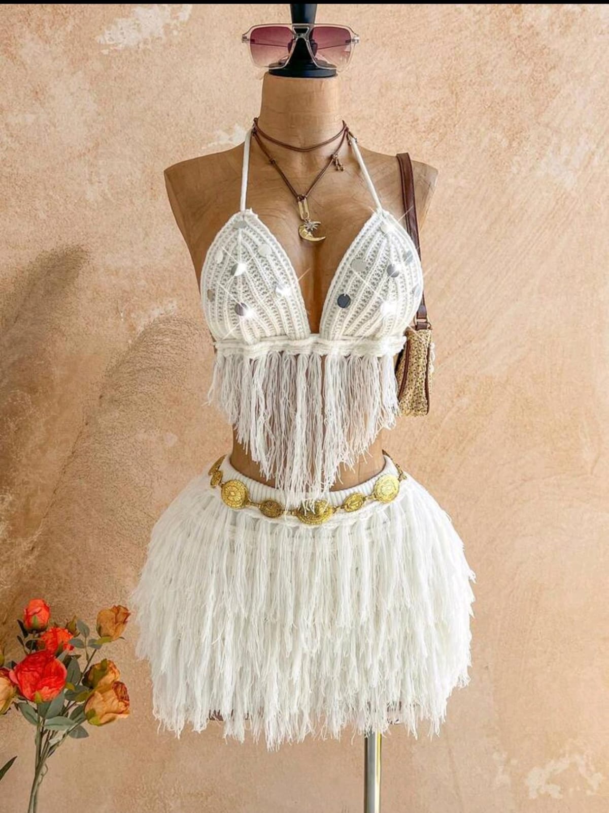 Conjunto de 2 piezas de top de punto sin espalda con flecos y falda para vacaciones en la playa para mujer