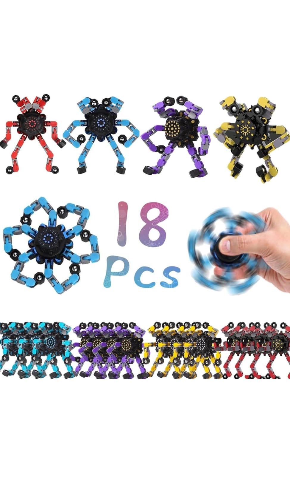 18 piezas de juguetes fidget spinners al azar, juguetes de dedo de robot deformables de bricolaje, spinner de descompresión, juguetes de giroscopio mecánicos creativos deformables, juguete de cadena