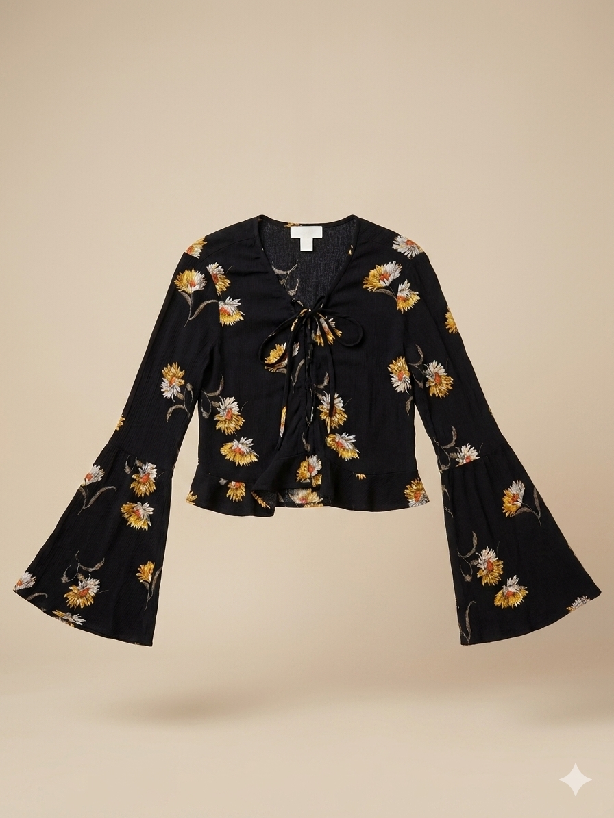 Blusa Boho con Lazada Frontal y Estampado de Girasoles